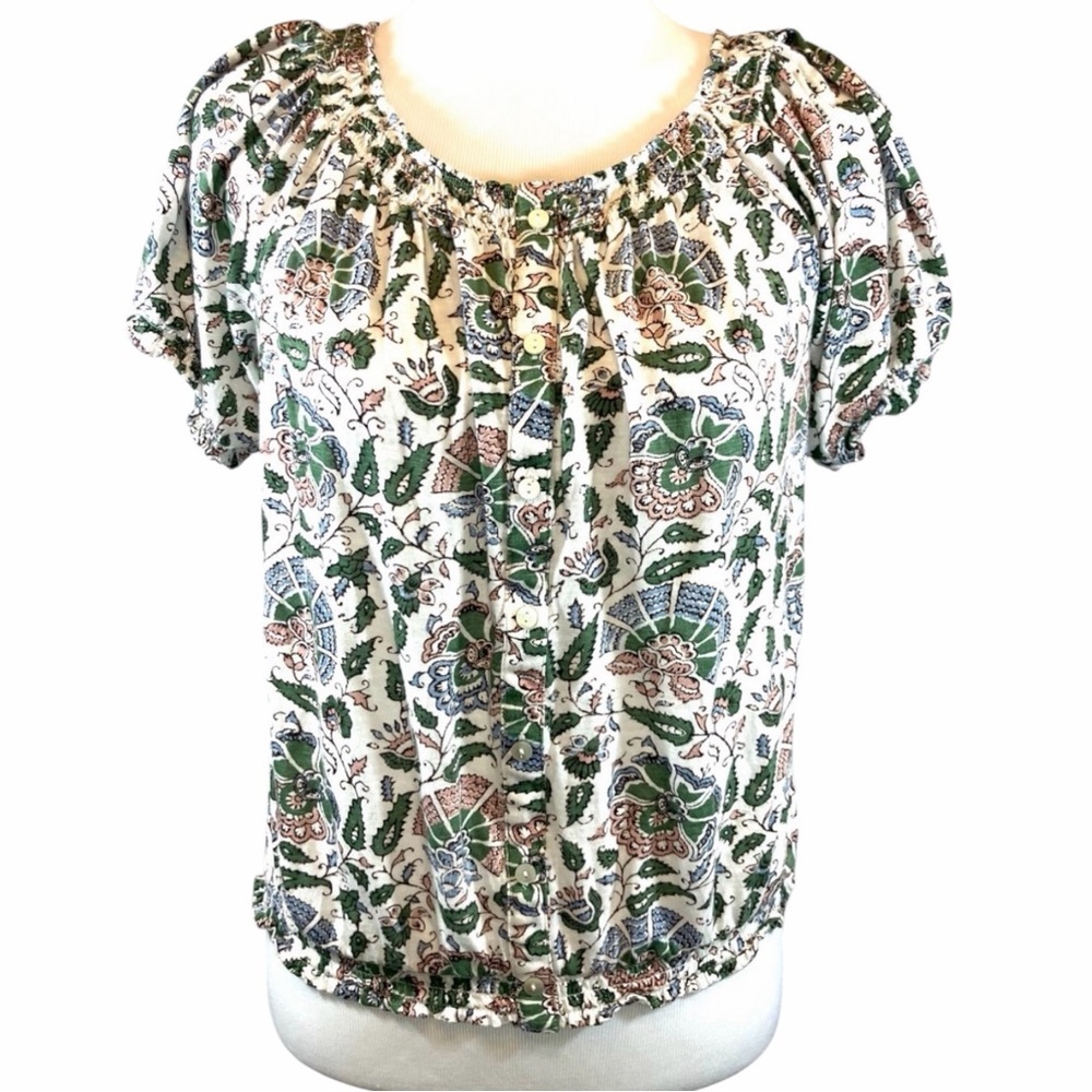 Lucky Brand Boho Floral Print Smocked Peasant Blouse Cottagecore Indie Vibe S